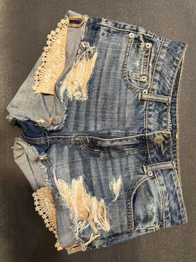 American Eagle Outfitters Distressed Blue Denim Jean Shorts with Cream Lace Trim